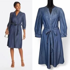 Draper James Shirt Dress Chambray Belted 100% Cotton Long Sleeve Minimalist  8